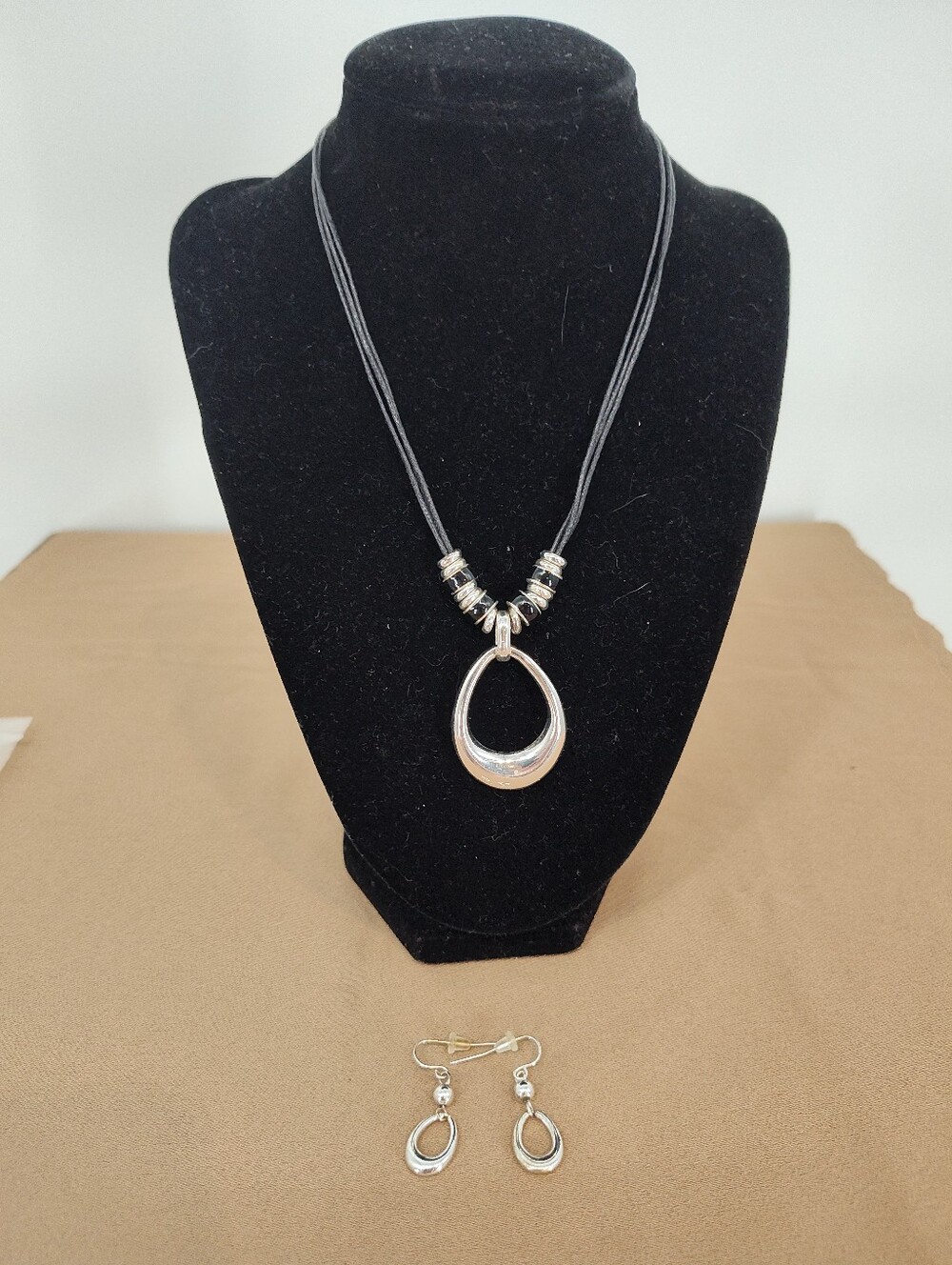 Silver Teardrop Pendant Necklace and Earrings Set - Black Cord
